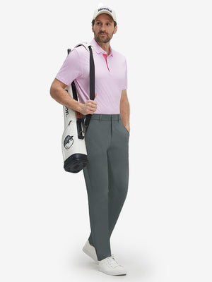 Front full body shot of model wearing dark gray breathable casual slacks with 4 pockets