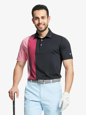 Half-body front view of model holding golf club wearing BLACK Moisture Wicking Color Block Polo Shirt.