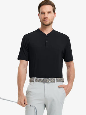 Front half-body view holding a golf club in Everyday Collarless Jersey Shirt in Black.
