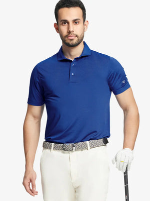 Model in COBALT STRIPE Pinstripe Jersey Performance Polo holding golf club, front half-body view								
