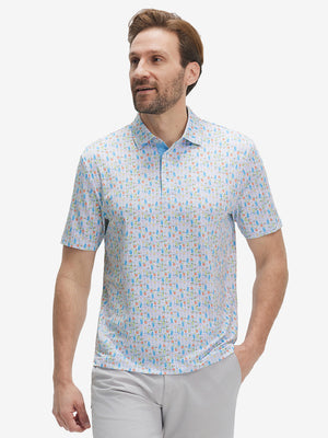 Front half-body shot of model wearing the colorful wine glass 4 way stretch print collared polo shirt for a casual sporty look