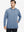 Model with one hand in pocket, wearing classic heather pullover hoodie in colony blue melange, relaxed look.