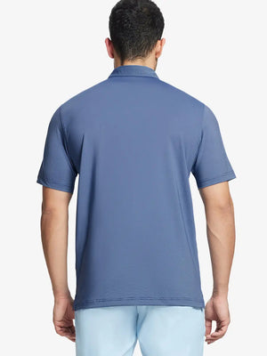 Back half-body view of BLUE DENIM STRIPE Pinstripe Jersey Performance Polo worn by model								
