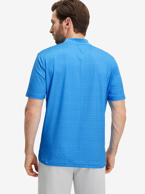 Back half-body of model in blue wave dolphin stretch printed collarless henley golf shirts