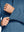 Close-up of cuff on Pinstripe Quarter Zip Pullover, showing stretch and construction – DARK BLUE MELANGE