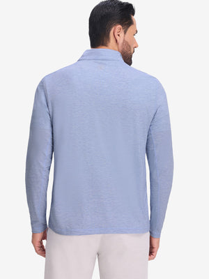 Back upper body shot of model wearing light blue featherweight midlayer quarter zip pullover