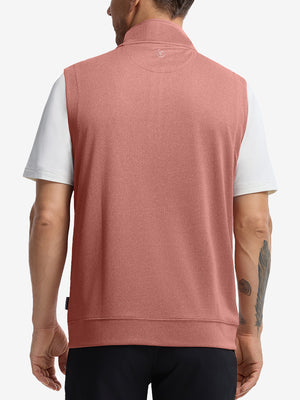 Back upper body shot of model wearing brick melange  lightweight sleeveless quarter zip golf vest