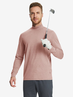 Model holding a golf club while wearing the Pink Heather Long Sleeve Mock Turtleneck Shirt.