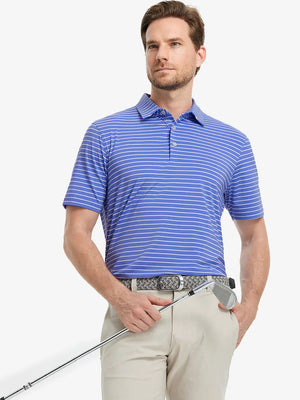 Model holding golf club in BLUISH BLUE/WHITE STRIPE Polo — sporty and sharp