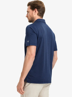 Back half-body view of model in DARK BLUE HEATHER Ventilated Heather Jacquard Polo
