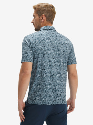 Back upper body view of model in Performance quick dry print golf polos with subtle camo fragments tone