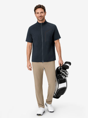 Full body model holding golf equipment, lightweight upf50+ short sleeve golf vests jacket in dark grey