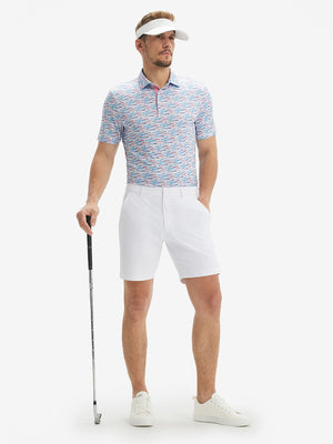 Full-body shot of model holding a golf club in colorful graffiti performance quick dry print golf polos
