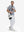 Model carrying tennis bag in Performance quick dry print golf polos, white navy clouds
