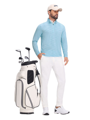 Front full body shot of model exercising in misty blue featherweight midlayer quarter zip pullover