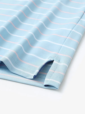 Side slit hem detail on MISTY BLUE STRIPE Stylish Performance Golf Polo — clean and functional finish
