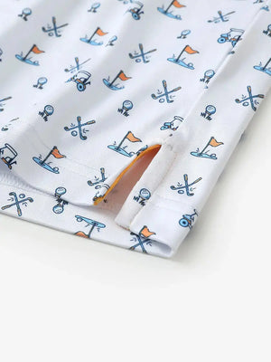 Detailed close-up of side hem slit on WHITE GOLF Performance Print Boys Golf Polo for comfort