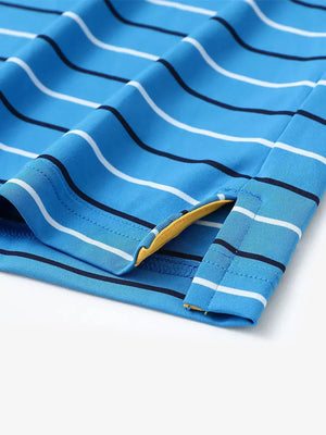 Hem detail of trendy boys stripe polo shirts, fine finish with subtle classic blue stripe touch
