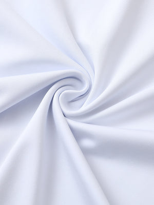 Close-up of white/dusty blue premium performance polo fabric showing smooth texture.