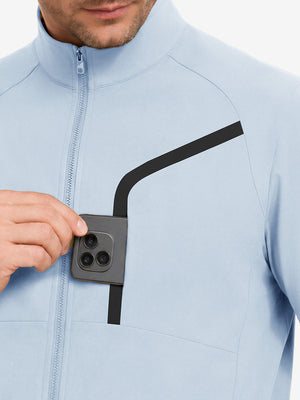Display of outer pocket design feature, lightweight upf50+ short sleeve golf vests jacket in light blue