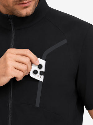 Display of outer pocket design feature, lightweight upf50+ short sleeve golf vests jacket in black
