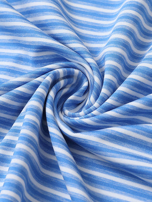 Close-up of classic blue stripe sport fit stripe polo fabric showing crisp horizontal stripes and smooth, breathable texture.