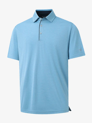 3D view highlighting Modern Fit Melange Polo in AQUA HEATHER, showcasing fabric weave and tailored fit.
