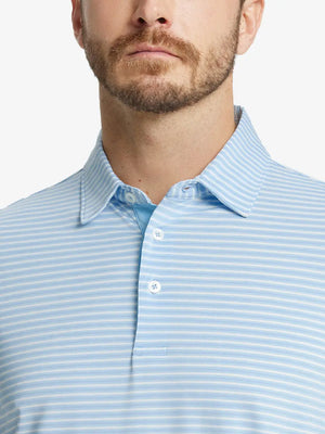 Front close-up shot of model from nose to chest wearing Sport Fit Stripe Polo in Blue Denim Stripe
