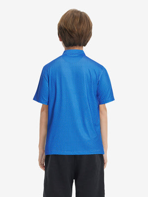 Back half-body view of youth wearing blue swordfish performance print boys golf polo, showing rear design