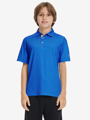 Front half-body shot of youth in blue swordfish performance print boys golf polo, highlighting design and fit