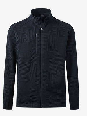 3D front view of textured insulated winter jacket showing insulated layers and sleek design, navy.