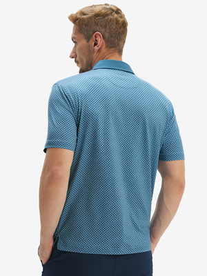 Back half-body of model in blue small flower lightweight stretch upgraded print golf polo shirts