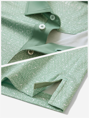 Detail: collar and hem slit of green abstract lines lightweight stretch upgraded print golf polo shirts