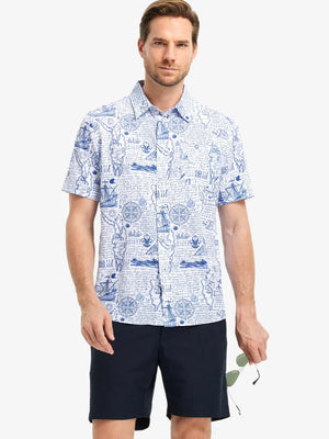 Front half-body view wearing WHITE COMPASS MAP Stylish Printing Summer Shirt.