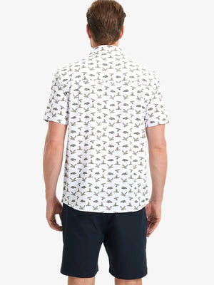 Back half-body view wearing WHITE WILD GOOSE Stylish Printing Summer Shirt.