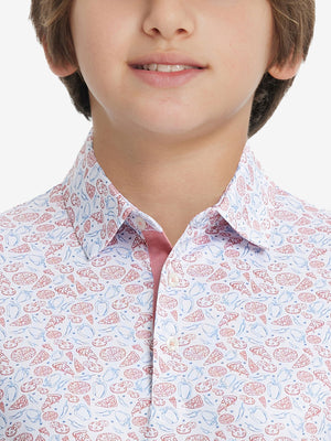 Collar close-up of Stylish print boys polo shirts with neat stitching in white pizza