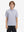 Front half-body shot of youth in white purple shark performance print boys golf polo, highlighting design and fit